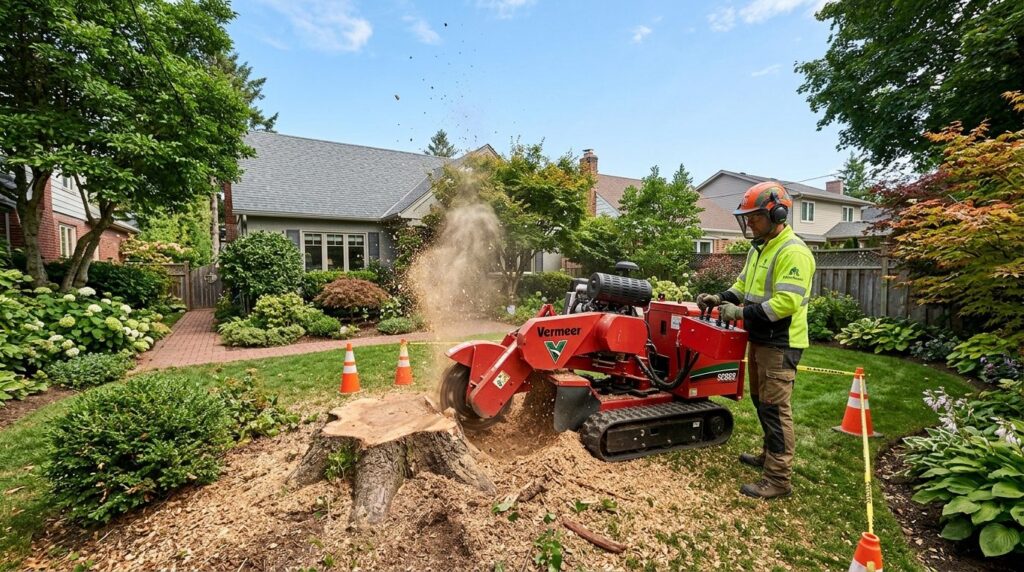 Professionel arborist arbejder med træfældning i fuld figur.