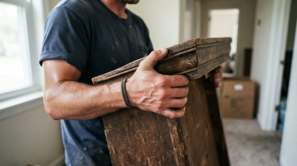 Close-up stock photo of persons hands gripping a heavy wood