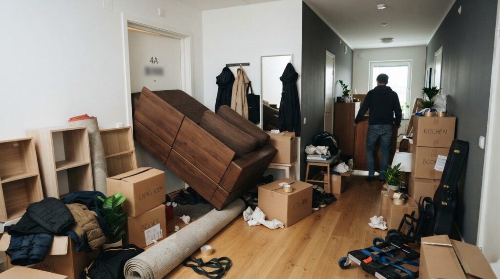 Wide shot of cluttered apartment entryway with oversized fur