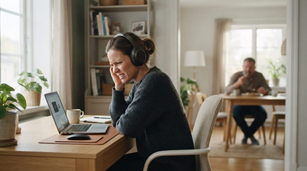Photorealistic stock photo, 16:9 format: Person in home offi