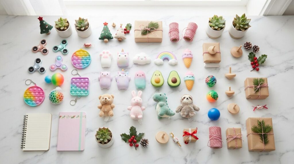Flat lay overhead shot of budget-friendly office gifts inclu