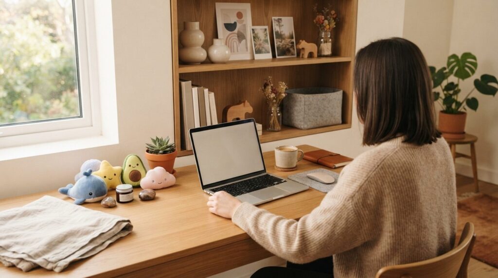 Lifestyle workplace scene showing colleague desk with though