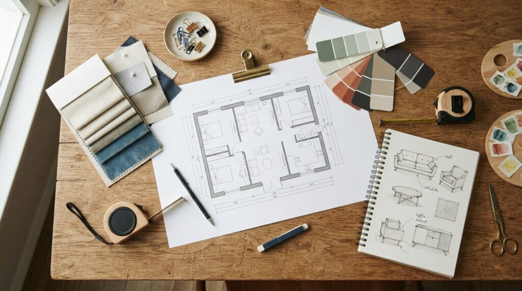 Overhead flat lay shot of interior design planning materials