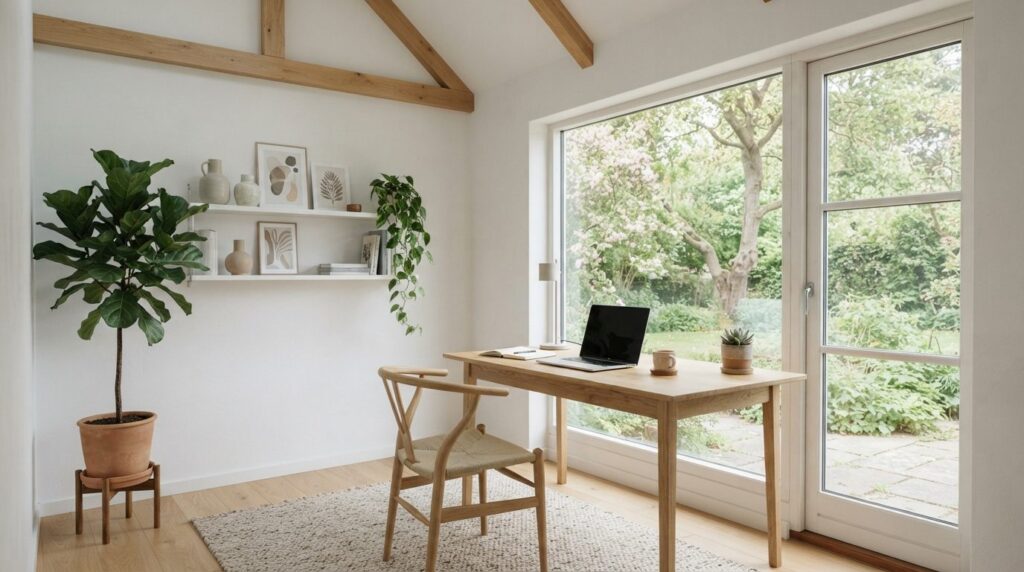 Serene Scandinavian home office setup in a villa with white