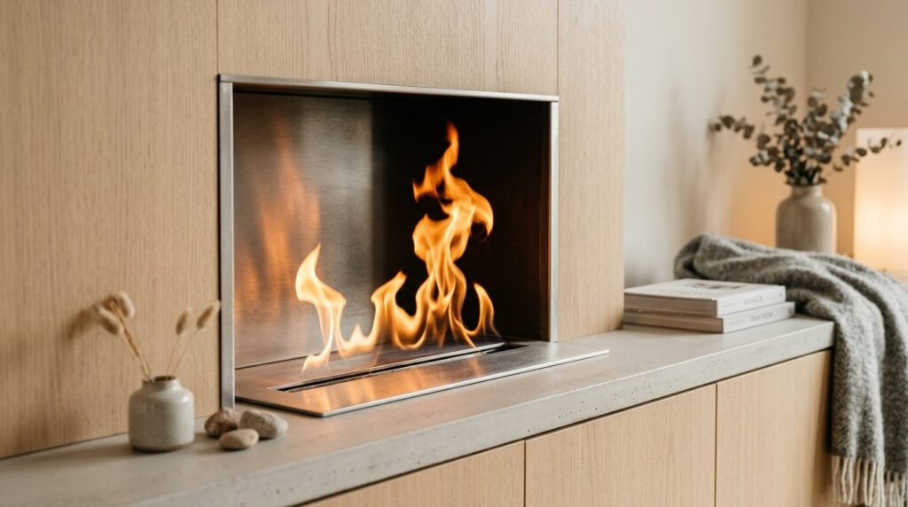 Close-up of bioethanol fireplace flames with realistic orang