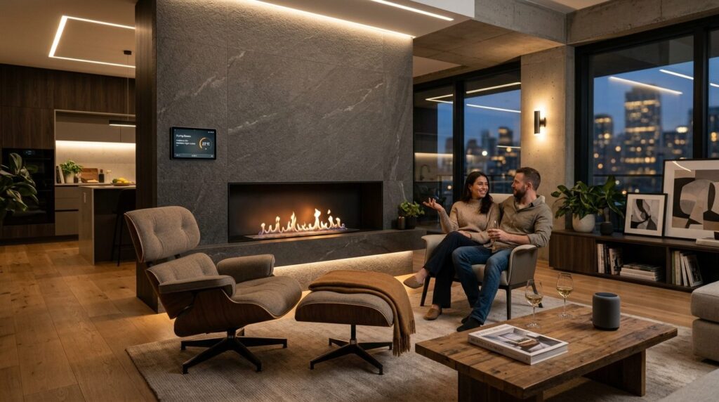 Contemporary smart home environment with bioethanol fireplac