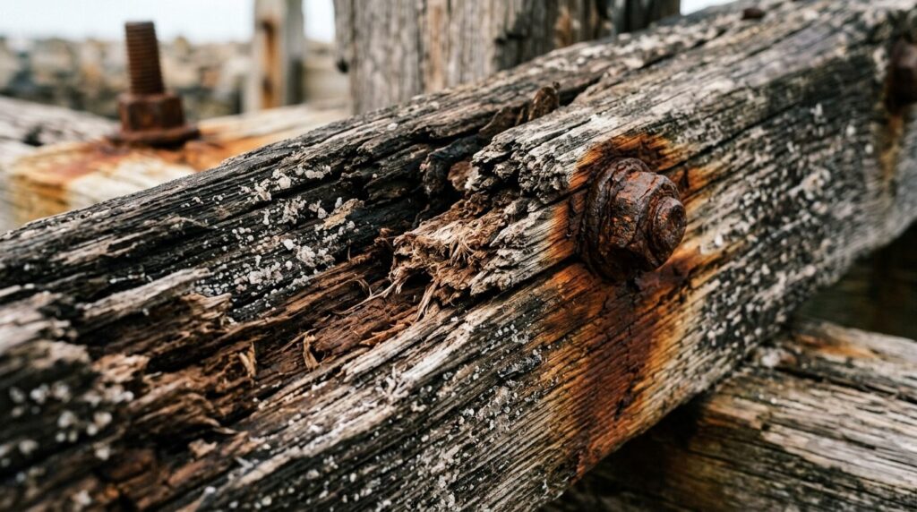 Close-up detail shot of damaged wooden beam and timber showi