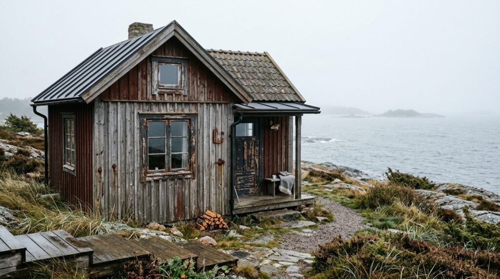 Scandinavian coastal cottage exterior with wooden cladding a