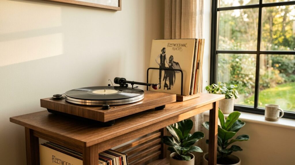Close-up of a stylish record player with warm wood tones on