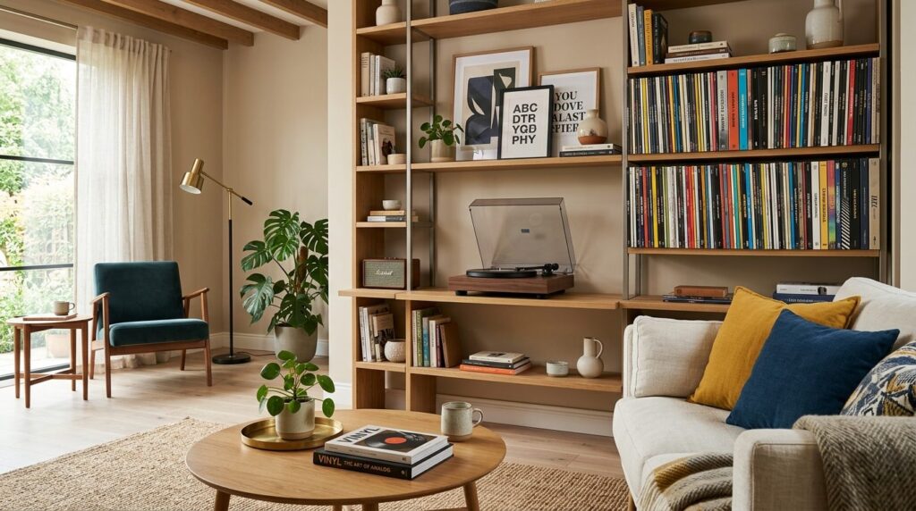 Contemporary living room interior showcasing a retro record