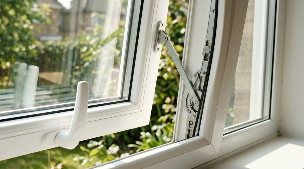 Close-up professional detail shot of white PVC tilt-turn win