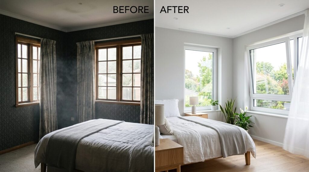 Professional before-and-after styled interior shot showing a