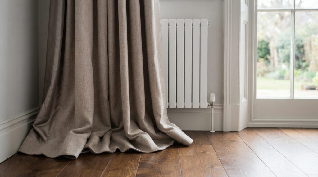 Close-up detail shot of luxury floor-length curtains pooling