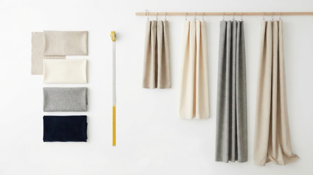 Flat lay overhead view of fabric swatches and measuring tape