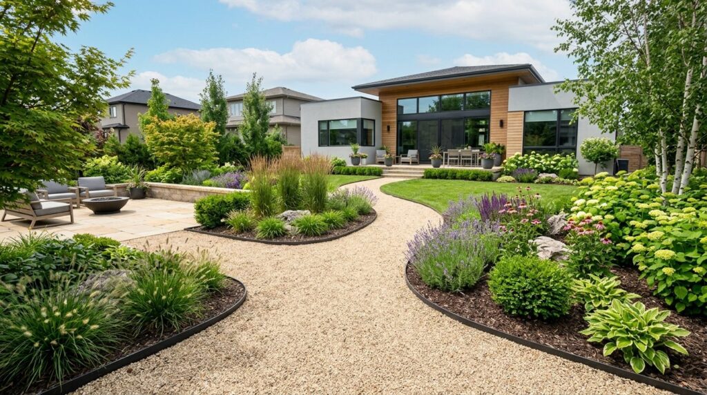 Wide landscape view of a completed garden landscaping projec
