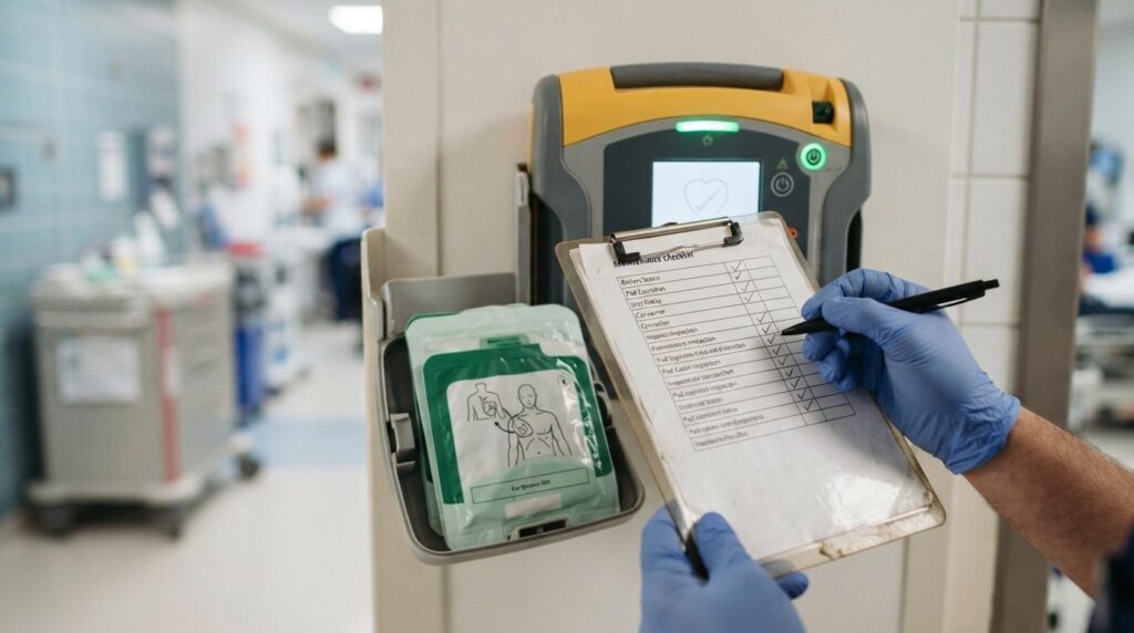 Close-up detail shot of an automated external defibrillator 