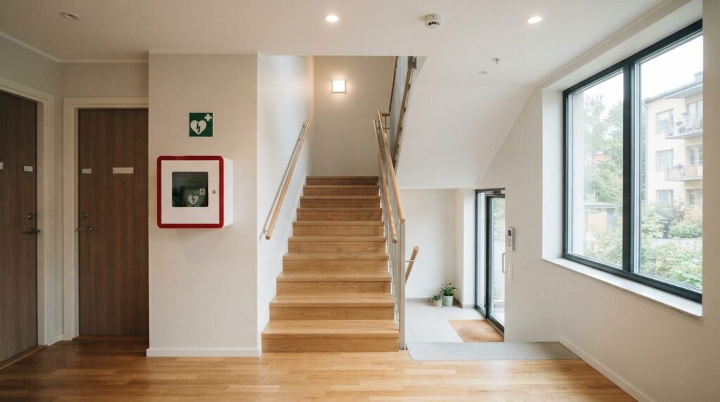 Wide angle view of a residential stairwell and building entr