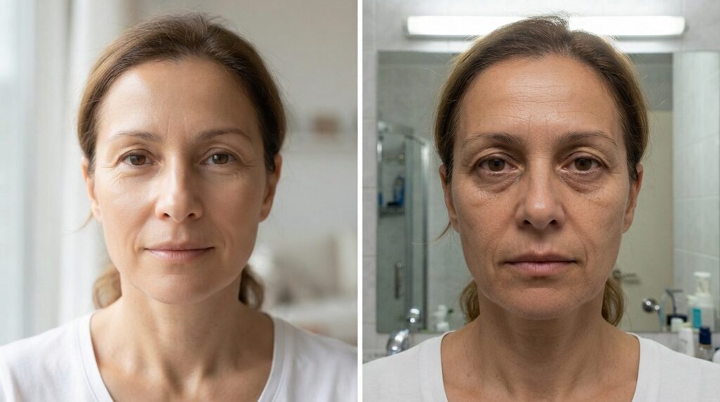 Close-up comparison of same womans face in natural daylight