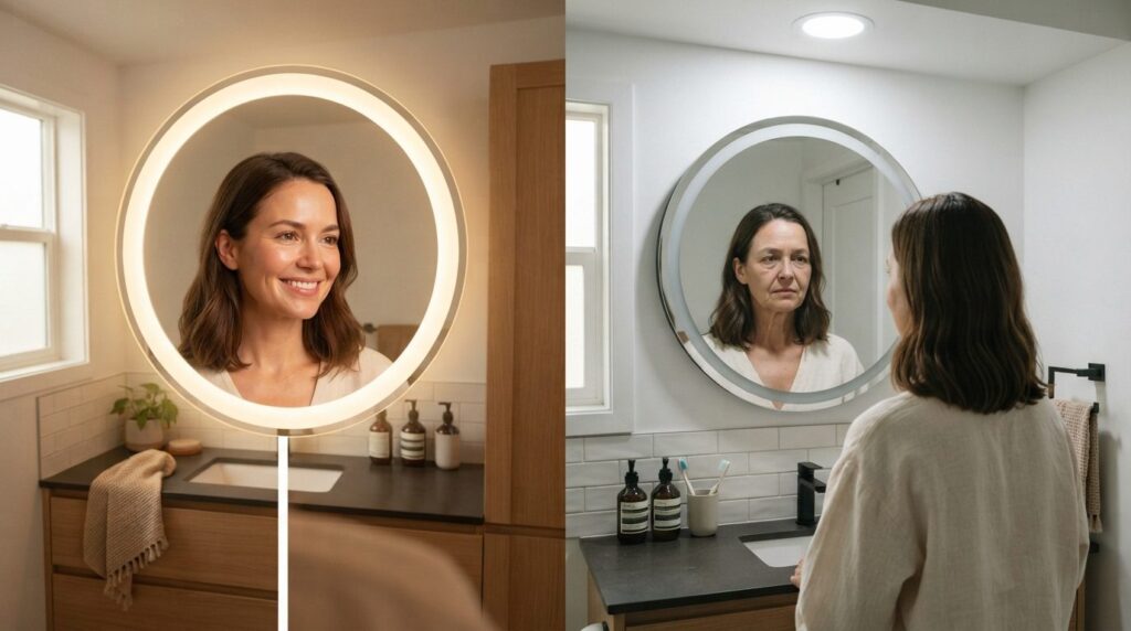 Modern bathroom vanity mirror with LED ring light and warm d