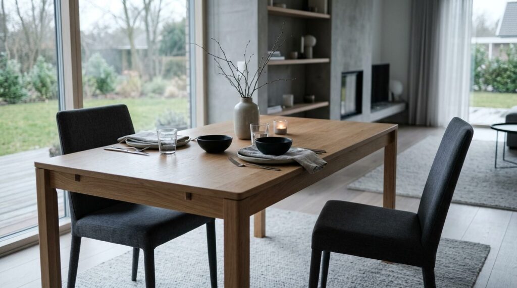 Photorealistic image of an empty dining table set for two in
