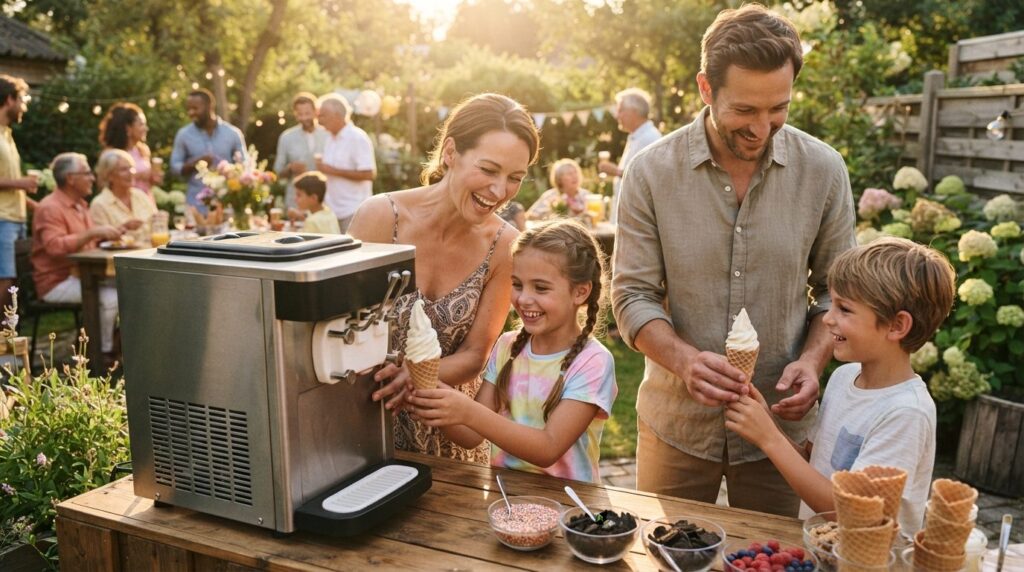 Close-up of a family entertaining guests at an outdoor backy