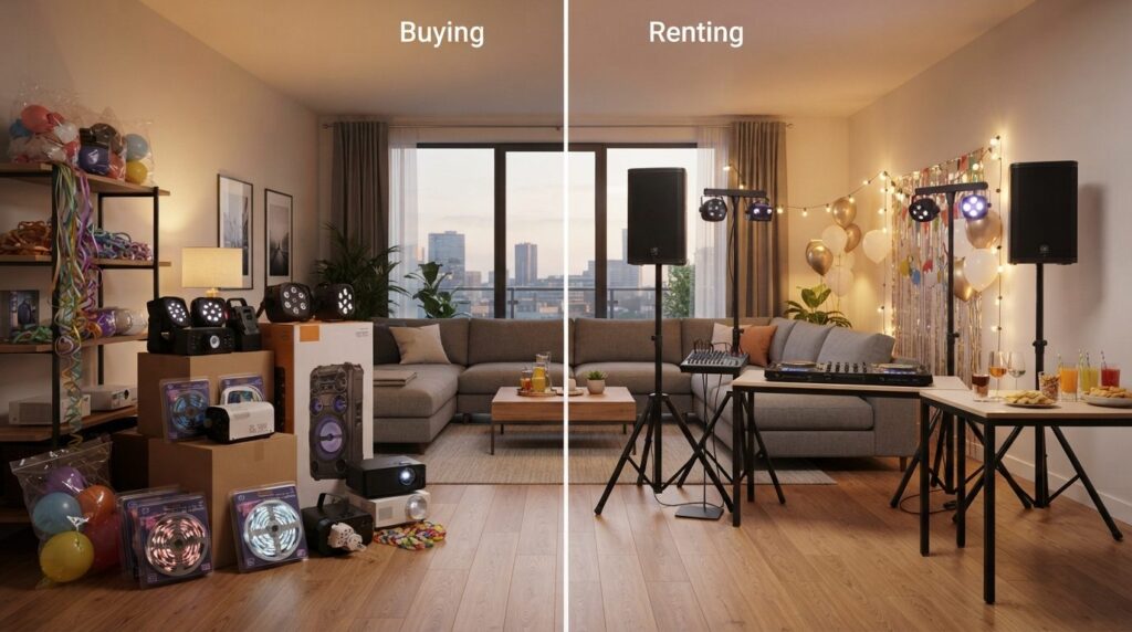 Modern home interior showing cost comparison concept: split-