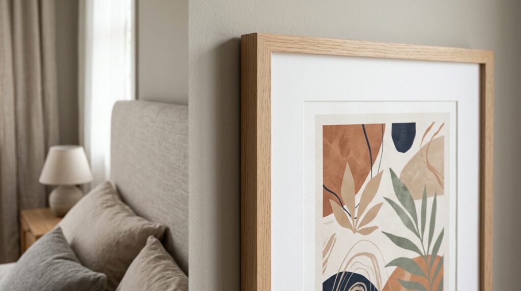 Close-up detail shot of a framed art print hanging on a neut