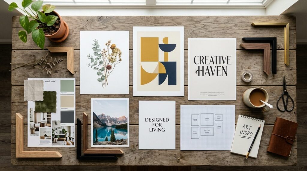 Flat lay styling shot of various unframed posters and prints