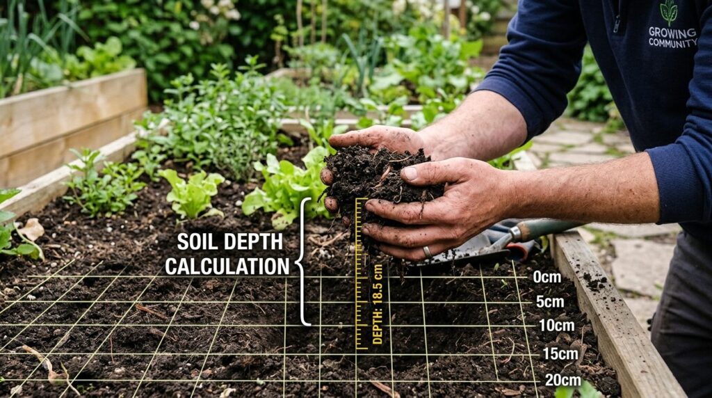 Close-up of hands holding soil in a garden bed with measurem