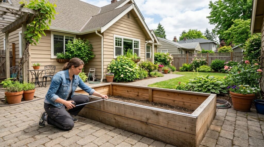 Wide angle shot of an empty raised garden bed frame on a res