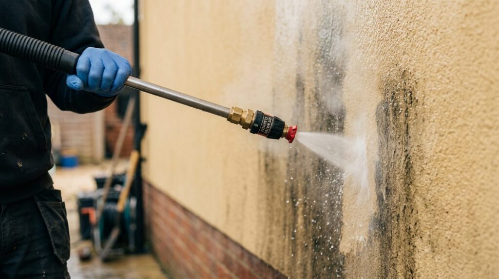 Close-up detail shot of high-pressure water cleaning equipme