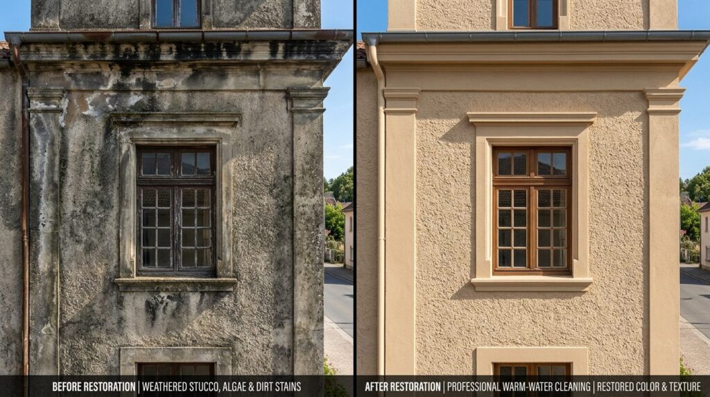 Split-screen comparison of rendered facade restoration: left