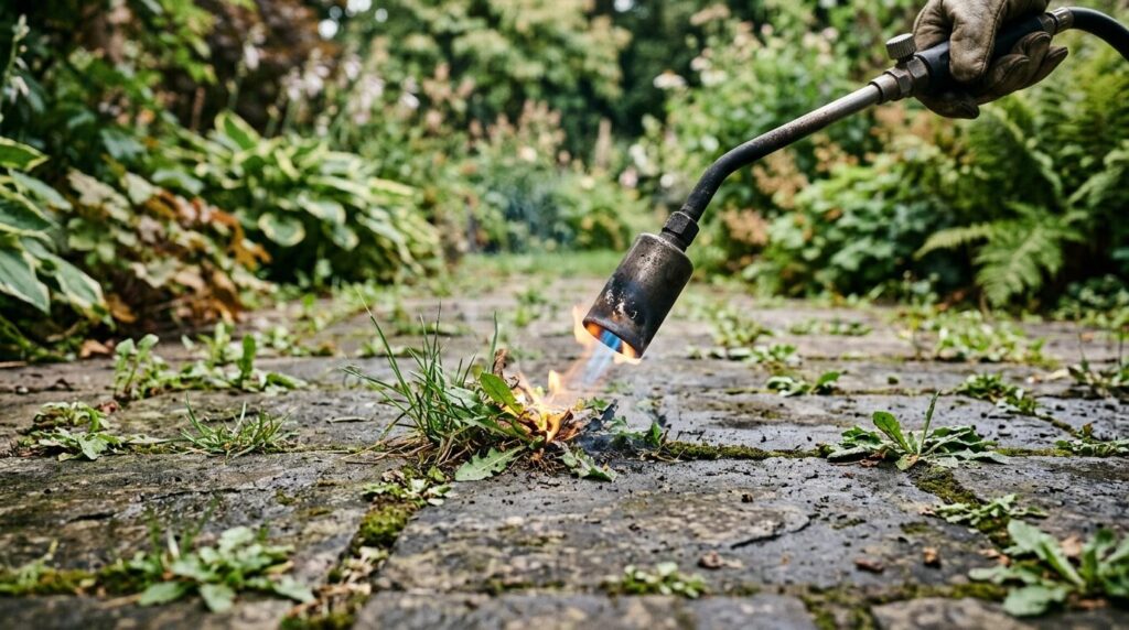 Close-up of a gas weed burner nozzle precisely targeting wee