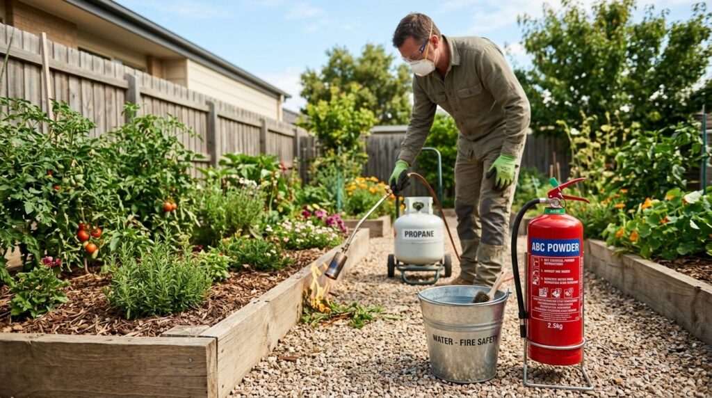 Outdoor safety setup showing a fire extinguisher and water b