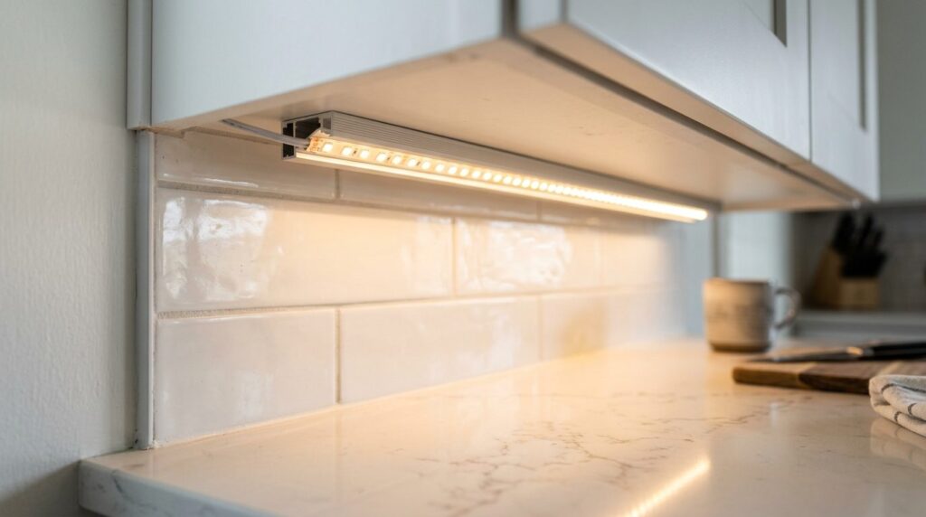 Hvid LED-strip monteret tæt på under et købeskab.