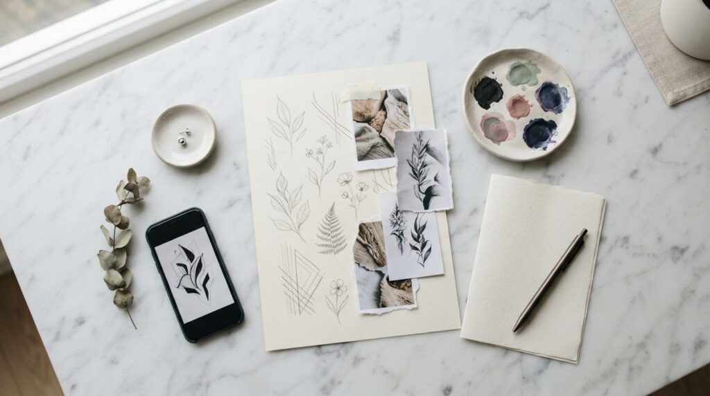Close-up flatlay photography of tattoo consultation preparat