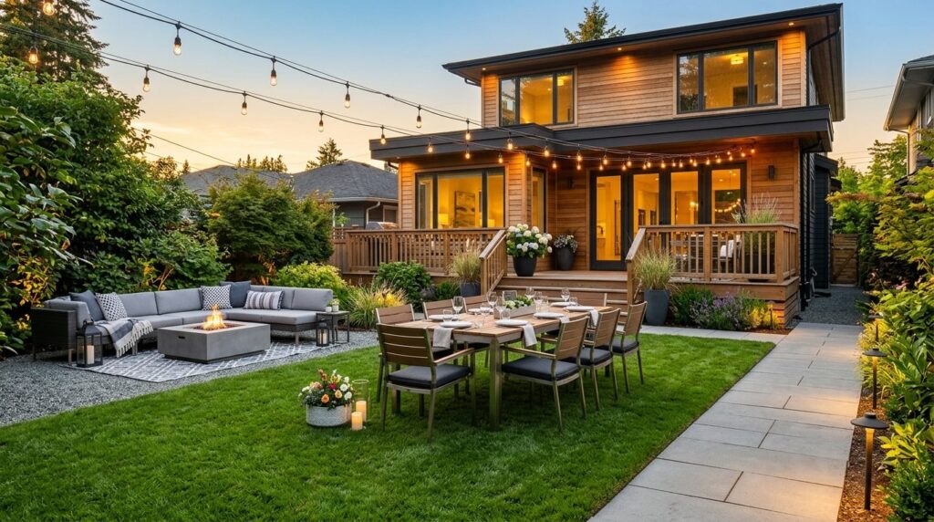 Professional stock photo of a clean, organized backyard spac
