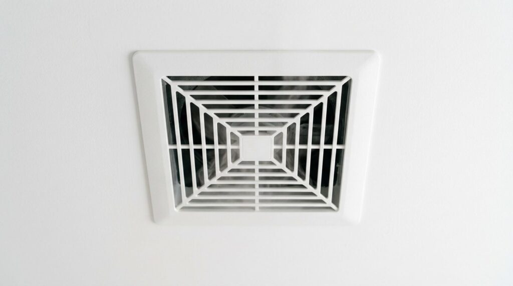 Close-up of bathroom exhaust fan vent actively removing mois