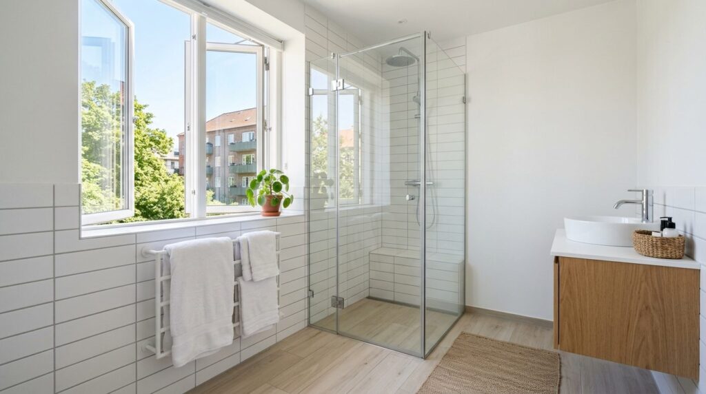 Bright modern Danish bathroom with open window, white towel 