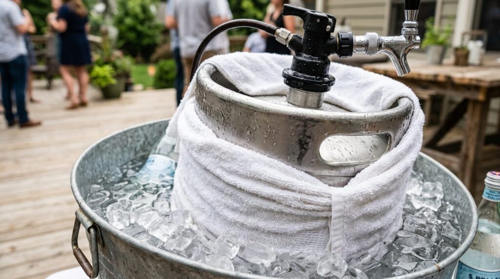 Close-up photorealistic shot of a cold draft beer keg with c