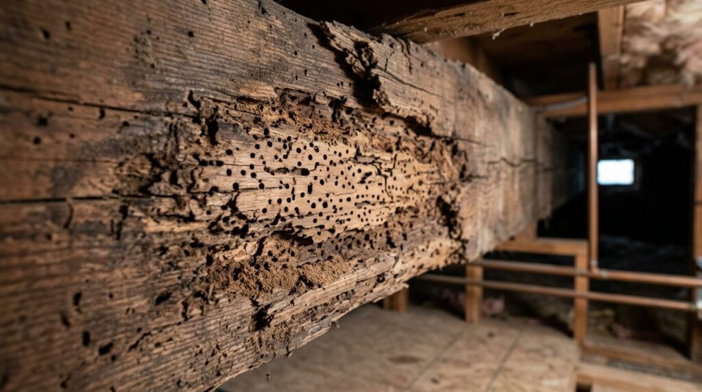Realistic photograph of old wooden beam or joist with visibl