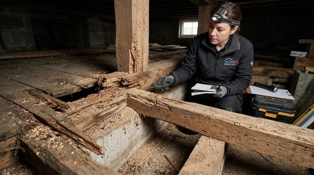 Professional home inspection scene showing deteriorated wood