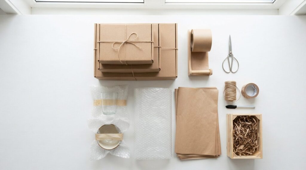 Overhead flat lay of packing supplies arranged neatly includ