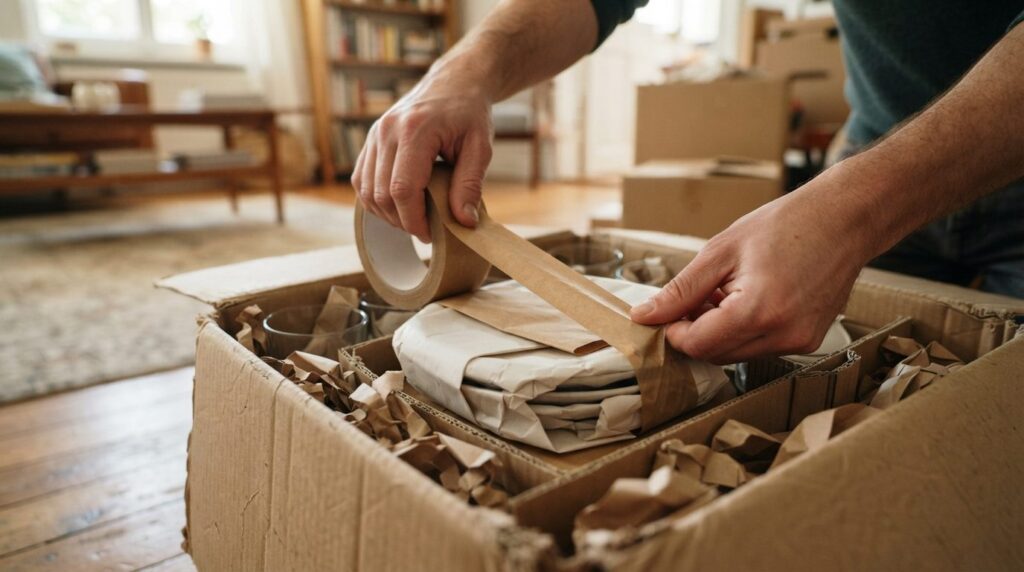 Hands carefully securing brown kraft paper tape around a sta