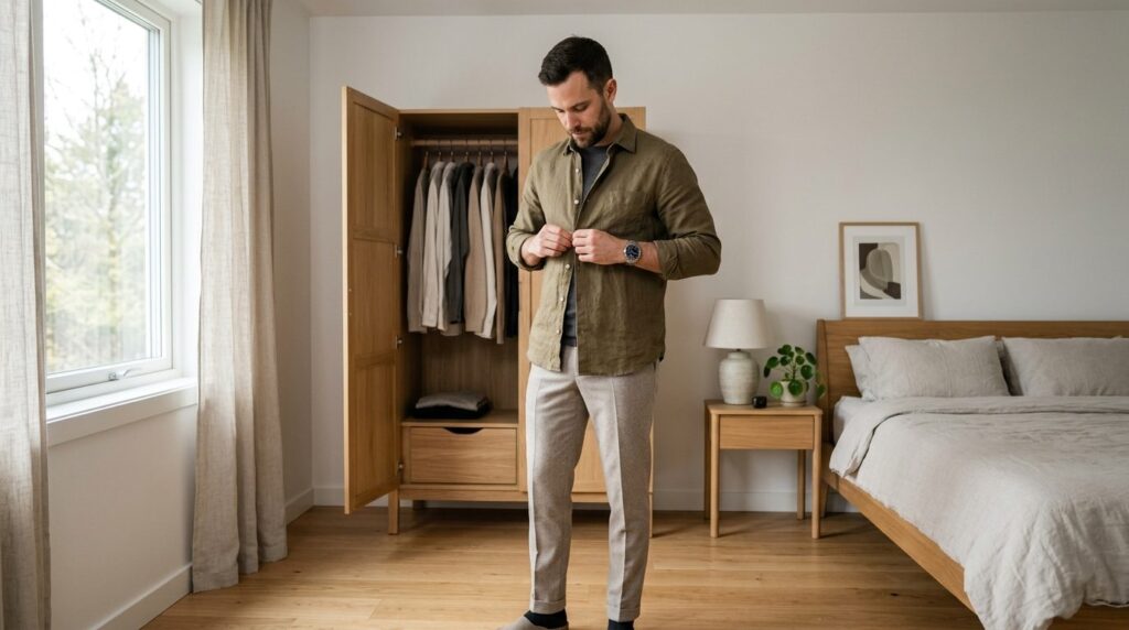 Modern minimalist man getting dressed in contemporary bedroo
