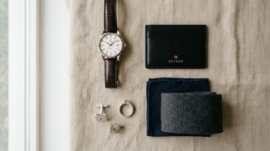Close-up luxury mens accessories flat lay on natural linen