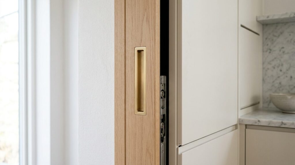 Close-up detail shot of luxury kitchen pocket door mechanism