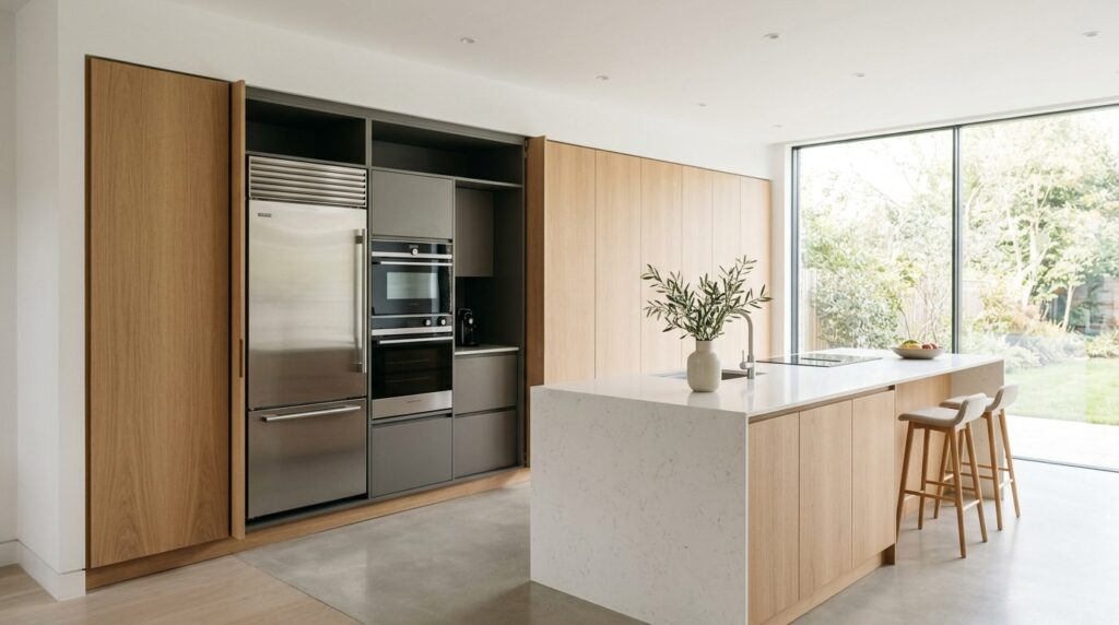 Contemporary kitchen interior with open pocket doors reveali