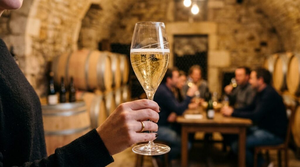 Close-up detail shot of a hand holding an elegant champagne