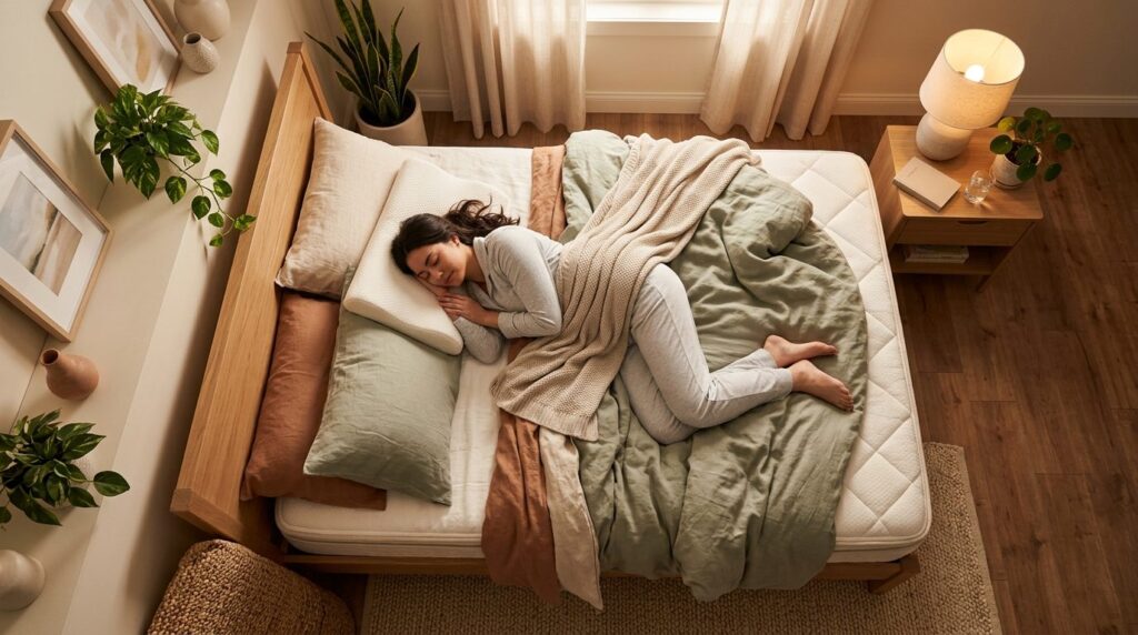 Overhead view of a person sleeping peacefully on a supportiv